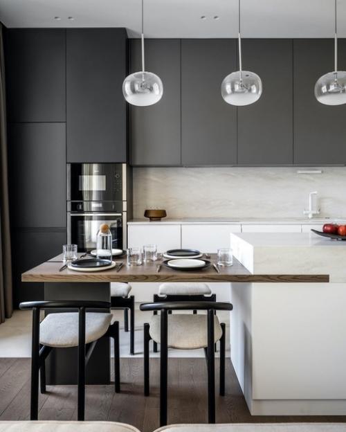 Красивая кухня - гостиная для молодой девушки в минималистичном стиле. 01