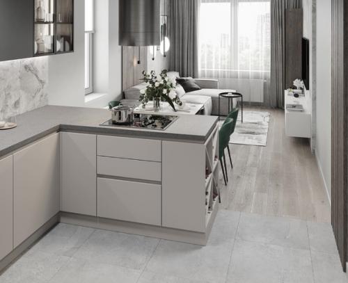 Потрясающий вариант дизайна кухни - гостиной в серых оттенках с добавлением акцентных деталей. 05