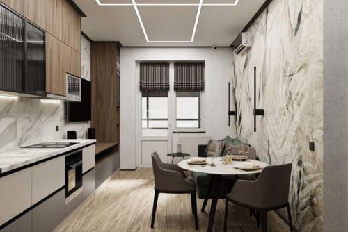 Современный интерьер кухни - гостиной и примыкающей к ней лоджии в спокойной, натуральной цветовой гамме. 03