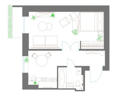 Небольшая однокомнатная квартира, где основной цветовой гаммой выбрали светлые цвета в сочетании с медовым оттенком дуба и акцентами из ореха. 09