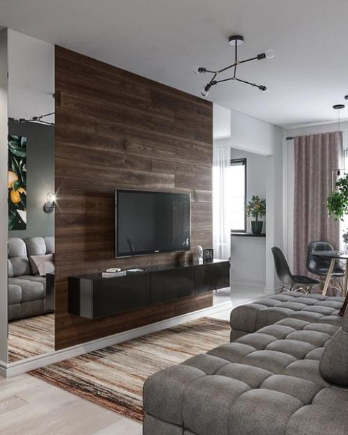 Дизайн - проект квартиры с преобладанием серого цвета.