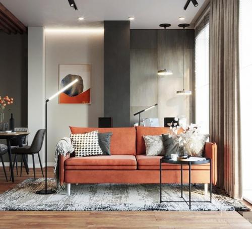 Кухня - гостиная. Помещение сложной формы, т. к. в нем выделена зона кухни, гостиная с диваном и тв, обеденный стол, рабочее место. 04