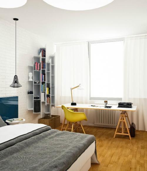 Сочетание желтого и синего цветов создают яркий, контрастный интерьер. 05