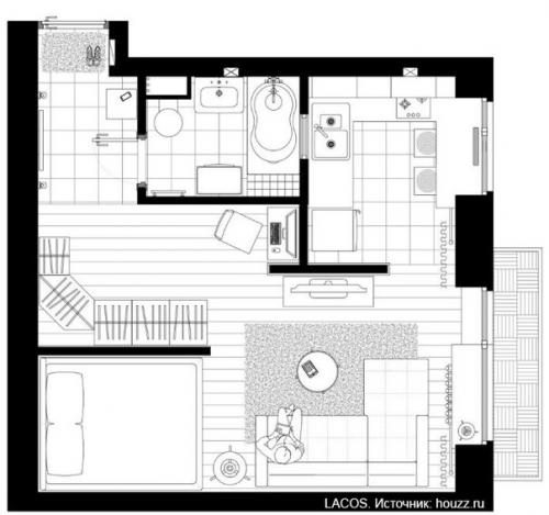 Небольшая квартира - студия с лаконичным интерьером в монохромной гамме. 09