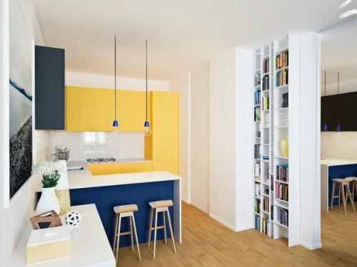 Сочетание желтого и синего цветов создают яркий, контрастный интерьер. 06