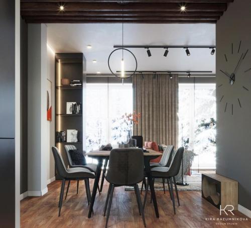 Кухня - гостиная. Помещение сложной формы, т. к. в нем выделена зона кухни, гостиная с диваном и тв, обеденный стол, рабочее место. 02