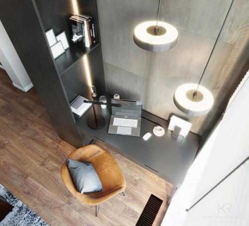 Кухня - гостиная. Помещение сложной формы, т. к. в нем выделена зона кухни, гостиная с диваном и тв, обеденный стол, рабочее место. 07