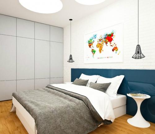 Сочетание желтого и синего цветов создают яркий, контрастный интерьер. 03