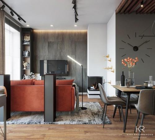 Кухня - гостиная. Помещение сложной формы, т. к. в нем выделена зона кухни, гостиная с диваном и тв, обеденный стол, рабочее место. 03