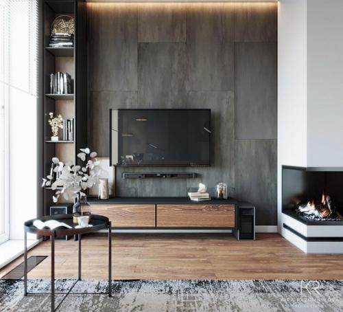 Кухня - гостиная. Помещение сложной формы, т. к. в нем выделена зона кухни, гостиная с диваном и тв, обеденный стол, рабочее место. 05