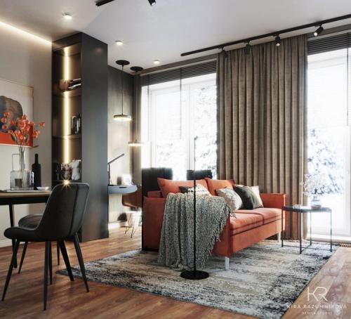 Кухня - гостиная. Помещение сложной формы, т. к. в нем выделена зона кухни, гостиная с диваном и тв, обеденный стол, рабочее место. 06