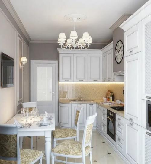 Светлый, торжественный, с вкраплением золота, интерьер кухни в стиле неоклассика. 01