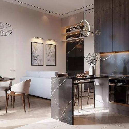 Чтобы создавалось ощущение широты и простора, помещение этой кухни - гостиной освободили от внутренних перегородок. 07