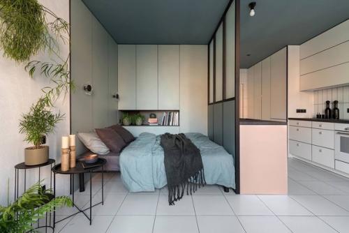 Пастельный дизайн квартиры - студии с акцентной геометрией. 03