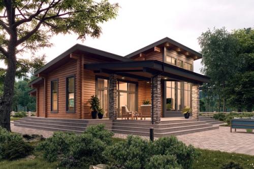 Одноэтажный деревянный дом в бужарово 277 м 2 с тотальным остеклением и каменными колоннами от компании Good Wood. 01