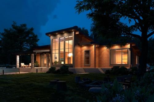 Одноэтажный деревянный дом в бужарово 277 м 2 с тотальным остеклением и каменными колоннами от компании Good Wood. 03