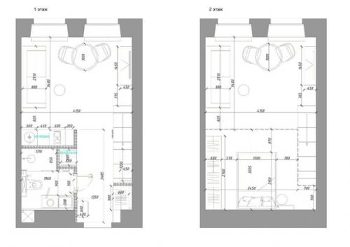 Интерьер двухуровневой студии 27 кв. 09