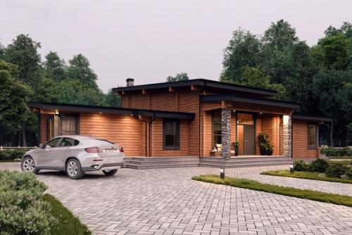 Одноэтажный деревянный дом в бужарово 277 м 2 с тотальным остеклением и каменными колоннами от компании Good Wood. 02