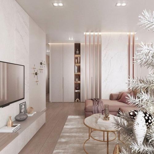 Интерьер кухни - гостиной в нежнои, нюдовои цветовои гамме. 03