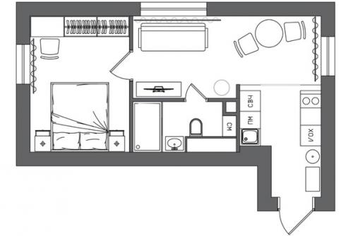Интерьер однокомнатных апартаментов 37 кв. 09