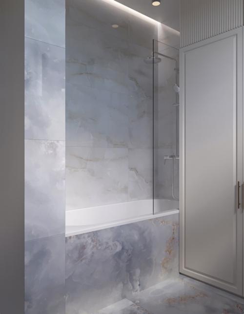 Нежная ванная комната, оформленная в стиле современная классика, восхищает своим изысканным дизайном. 02