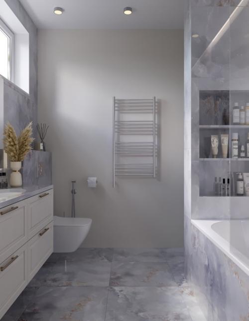 Нежная ванная комната, оформленная в стиле современная классика, восхищает своим изысканным дизайном. 03