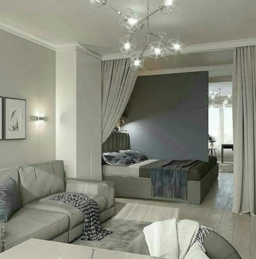 Интерьеры гостиной, объединенной со спальней. 03