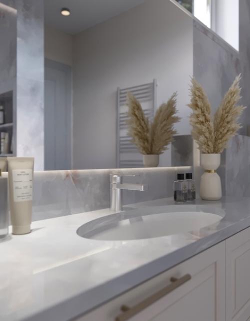 Нежная ванная комната, оформленная в стиле современная классика, восхищает своим изысканным дизайном. 04