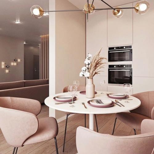 Интерьер кухни - гостиной в нежнои, нюдовои цветовои гамме. 07