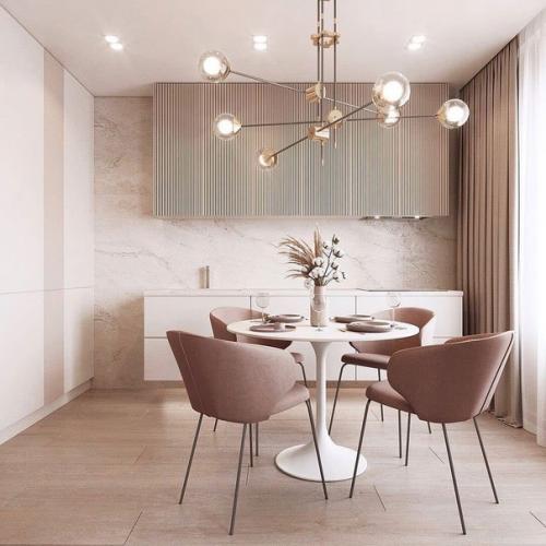 Интерьер кухни - гостиной в нежнои, нюдовои цветовои гамме. 06