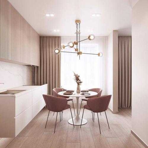 Интерьер кухни - гостиной в нежнои, нюдовои цветовои гамме. 05