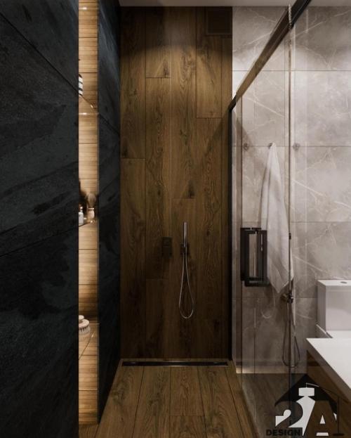 Стильный совмещенный санузел с плиткой под дерево. 02