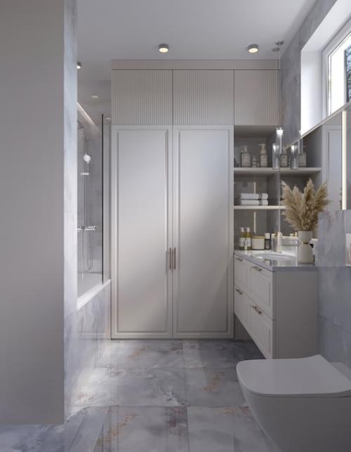 Нежная ванная комната, оформленная в стиле современная классика, восхищает своим изысканным дизайном. 01