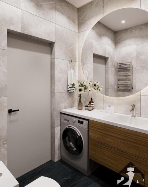 Стильный совмещенный санузел с плиткой под дерево. 01