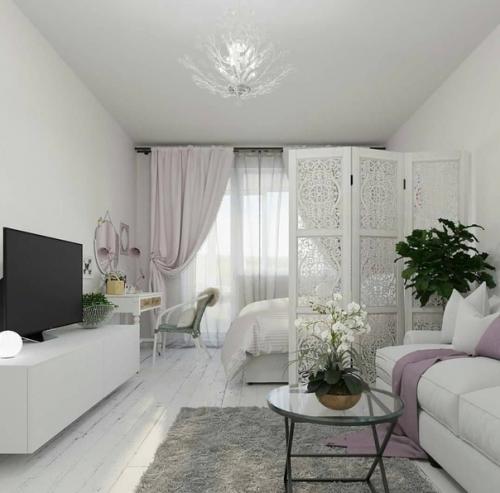 Интерьеры гостиной, объединенной со спальней. 02