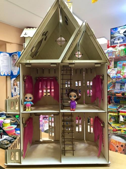 В наличии. Трехэтажный деревянный домик для кукол до 12-15 см. 02