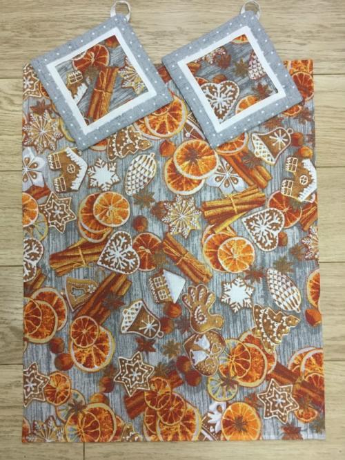 Подарочный набор мечты: кухонное полотенце, две прихватки из ткани Рогожка и мыльный мандарин! 01