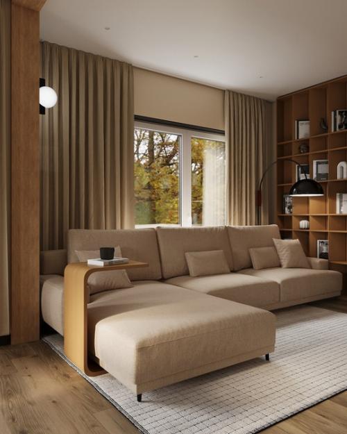 Зона гостиной из проекта дома в Подмосковье под кодовым названием Неоподмосковные Вечера. 01