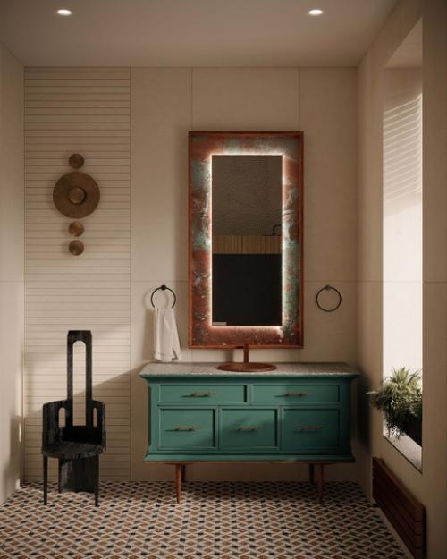 Когда мы начали делать эту ванную комнату, у нас уже сформировалась палитра интерьера всего дома. 02