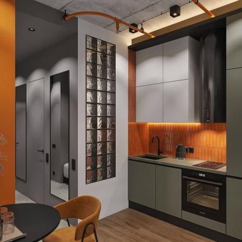 Оригинальный проект квартиры - студии 25, 4 м 2. интерьер с элементами лофта (бетонный потолок, открытая электропроводка. 02