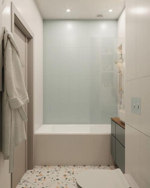 Приятный и нежный вариант интерьера ванной комнаты. 04