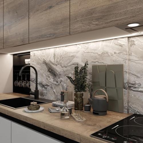 Стильное решение для кухни - гостиной в серой цветовой гамме. 03