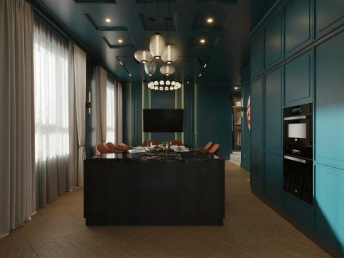 Дизайн интерьера кухни - гостиной демонстрирует элегантное сочетание современного стиля и функциональности. 01