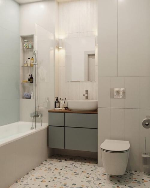 Приятный и нежный вариант интерьера ванной комнаты. 03