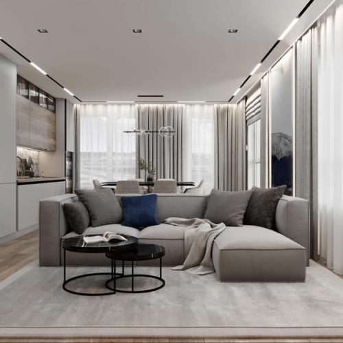 Стильное решение для кухни - гостиной в серой цветовой гамме. 04