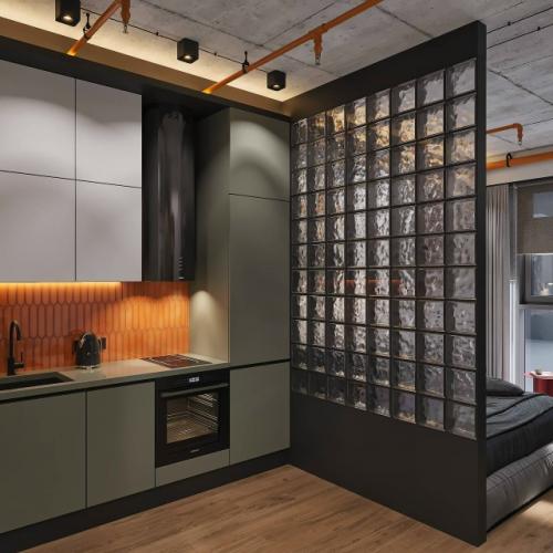 Оригинальный проект квартиры - студии 25, 4 м 2. интерьер с элементами лофта (бетонный потолок, открытая электропроводка.  