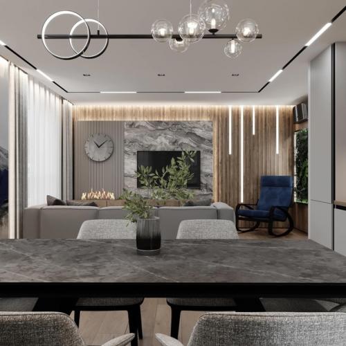 Стильное решение для кухни - гостиной в серой цветовой гамме. 02