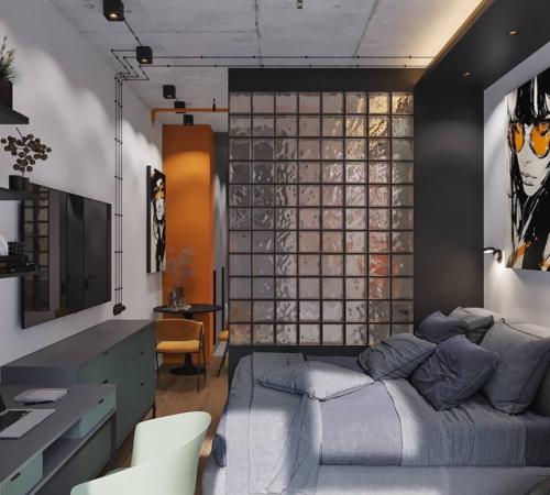 Оригинальный проект квартиры - студии 25, 4 м 2. интерьер с элементами лофта (бетонный потолок, открытая электропроводка. 07