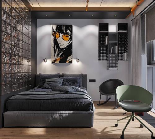 Оригинальный проект квартиры - студии 25, 4 м 2. интерьер с элементами лофта (бетонный потолок, открытая электропроводка. 09