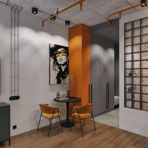 Оригинальный проект квартиры - студии 25, 4 м 2. интерьер с элементами лофта (бетонный потолок, открытая электропроводка. 04